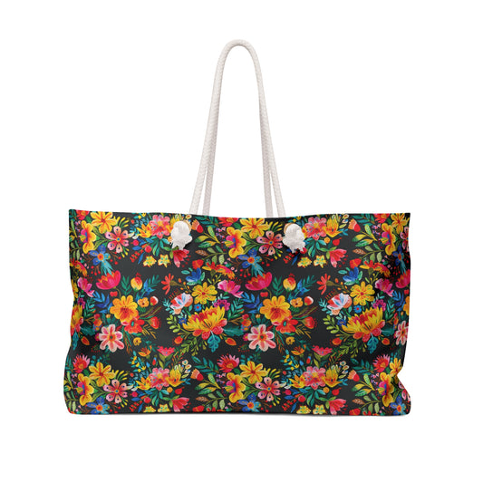 Bright Bold Watercolor Flowers - Black 000000 - Weekender Bag