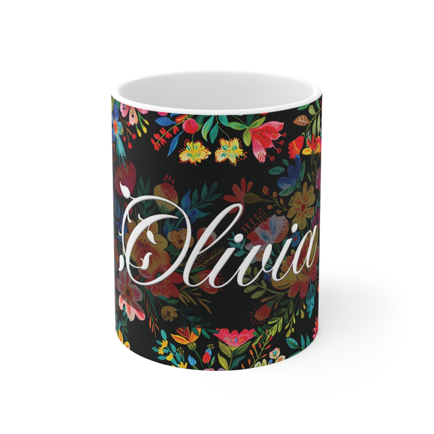 Olivia - Bright Bold Watercolor Flowers - Black 000000 - Mug 11oz