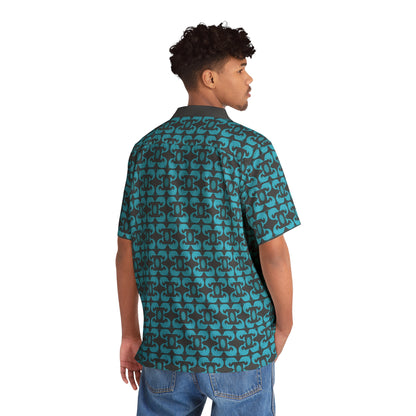 Playful Dolphins - Maximum Blue Green 33cccc - Black 000000 - Men's Hawaiian Shirt