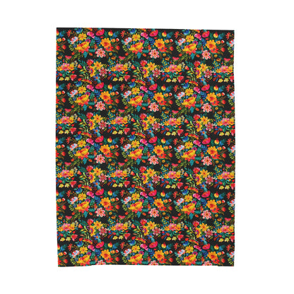 Bright Bold Watercolor Flowers - Black 000000 - Velveteen Plush Blanket