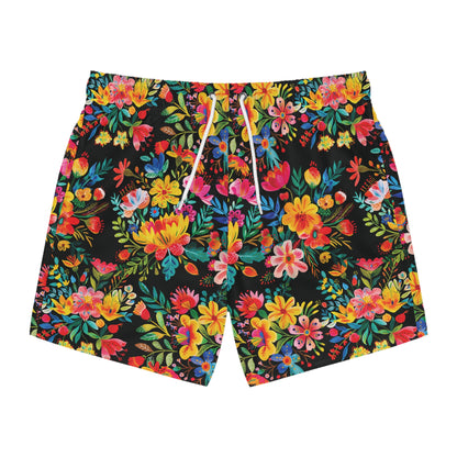 Bright Bold Watercolor Flowers - Black 000000 - Swim Trunks