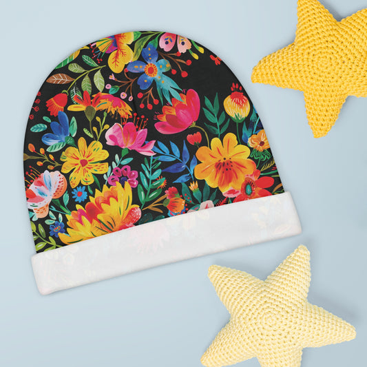 Bright Bold Watercolor Flowers - Black 000000 - Baby Beanie