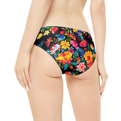 Bright Bold Watercolor Flowers - Black 000000 - Strappy Bikini Set