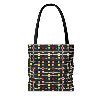 Geometric White Grid with Squares - Black 000000 - Tote Bag