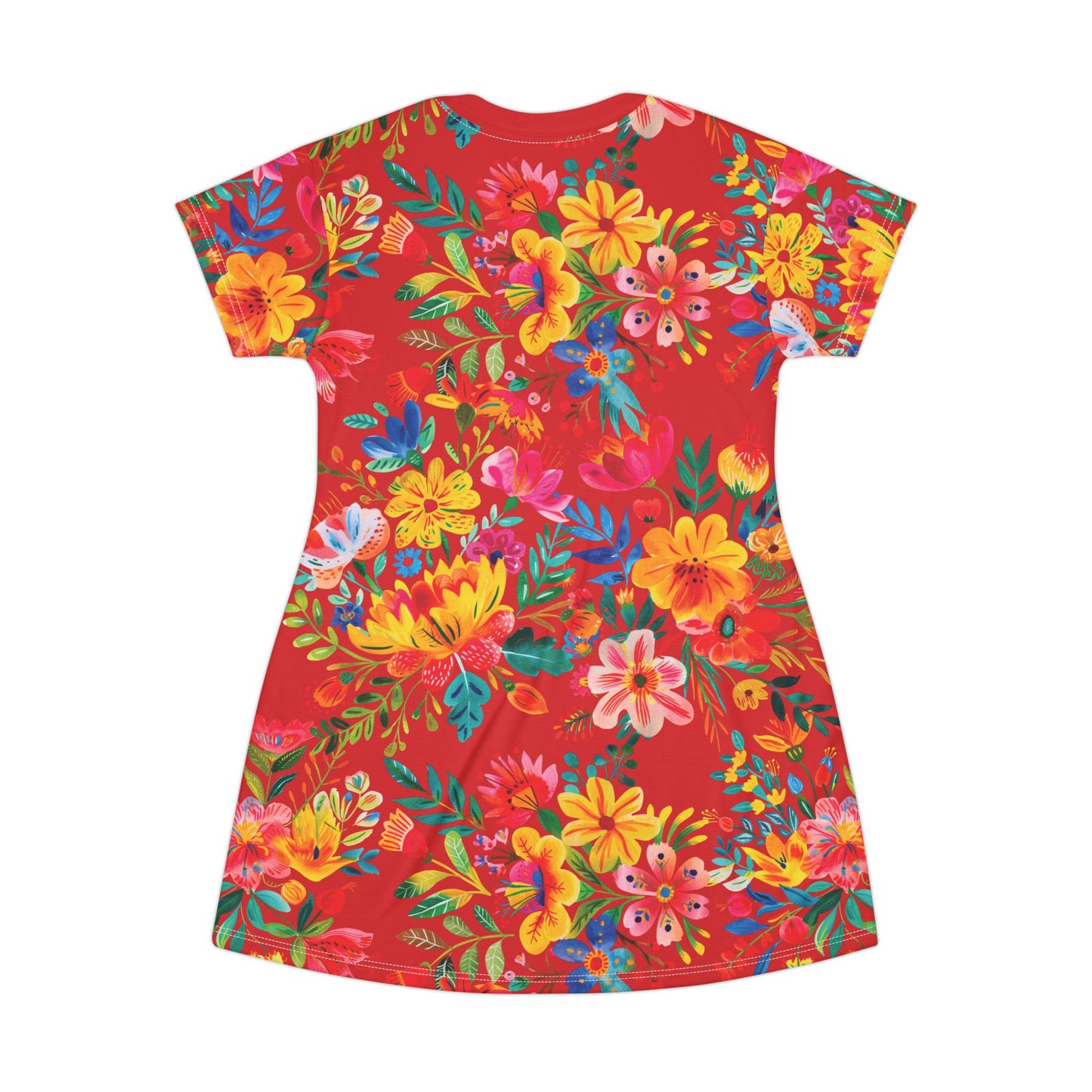 Bright Bold Watercolor Flowers - Scarlet - T-Shirt Dress