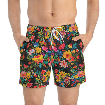 Bright Bold Watercolor Flowers - Black 000000 - Swim Trunks