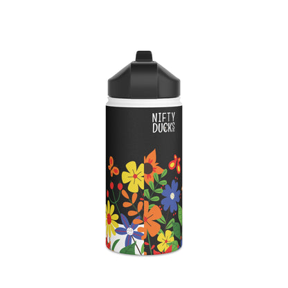 Bright Summer flowers - Logo - Black - Stainless Steel Water Bottle, Standard Lid