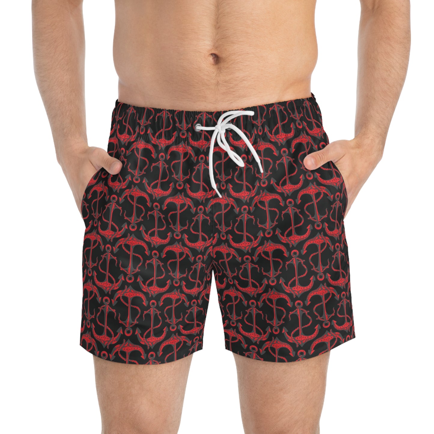 Anchors Away - Red - Black 000000 - Swim Trunks