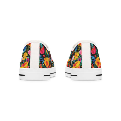 Bright Bold Watercolor Flowers - Black 000000 - Women's Low Top Sneakers