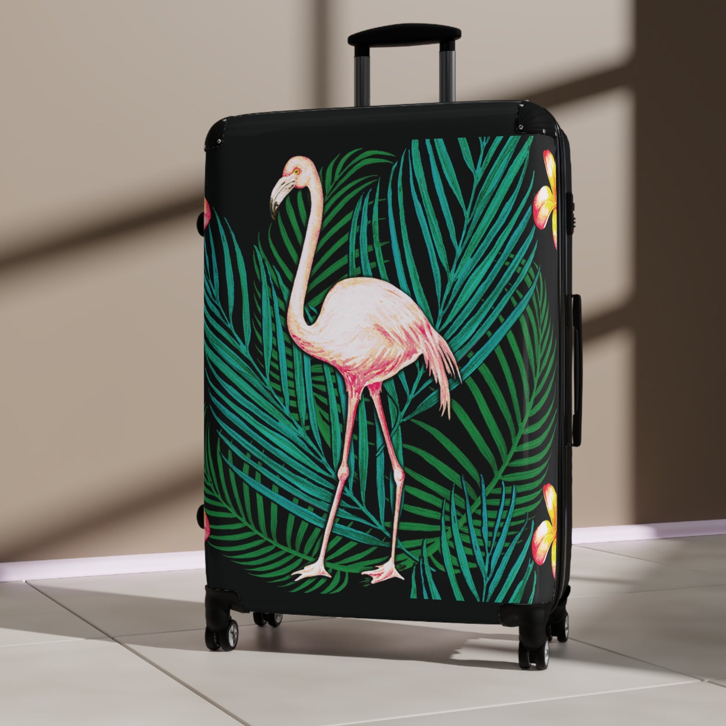 Suitcase - Flamingo in Palms and Plumeria Tropical pattern - Black