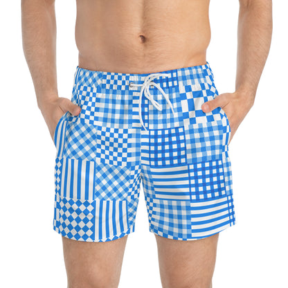 Blue and White Geometric Patchwork - Swim Trunks