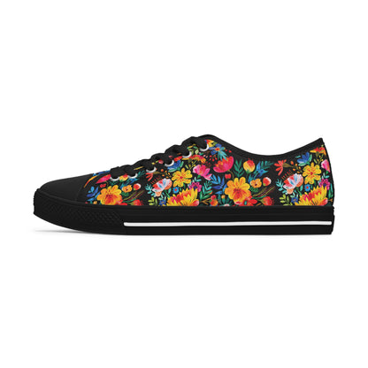 Bright Bold Watercolor Flowers - Black 000000 - Women's Low Top Sneakers