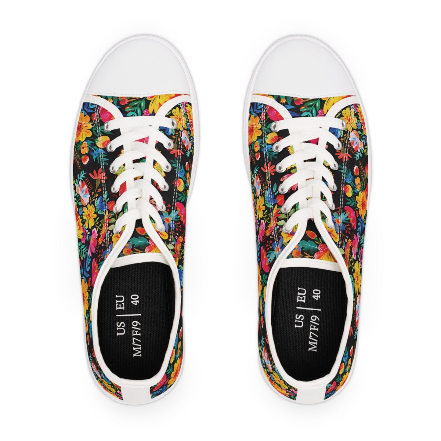 Bright Bold Watercolor Flowers - Black 000000 - Women's Low Top Sneakers