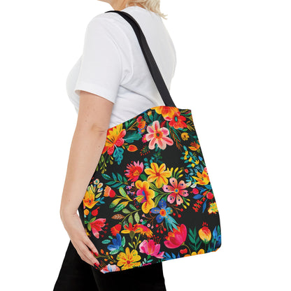 Bright Bold Watercolor Flowers - Black 000000 - Tote Bag