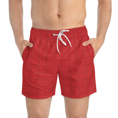 Embossed Geometric Pattern - Red - Swim Trunks