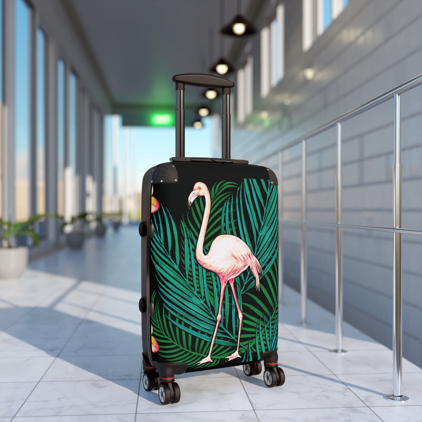 Suitcase - Flamingo in Palms and Plumeria Tropical pattern - Black