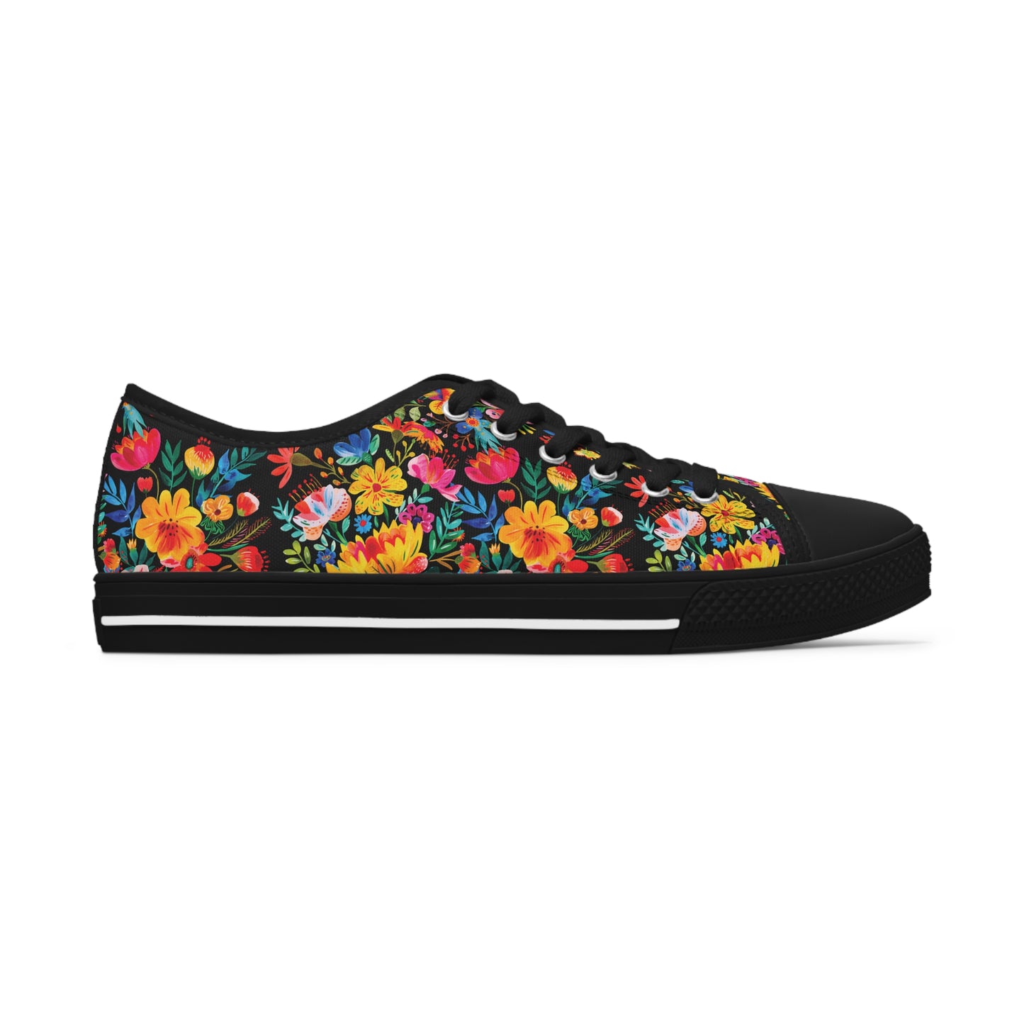 Bright Bold Watercolor Flowers - Black 000000 - Women's Low Top Sneakers