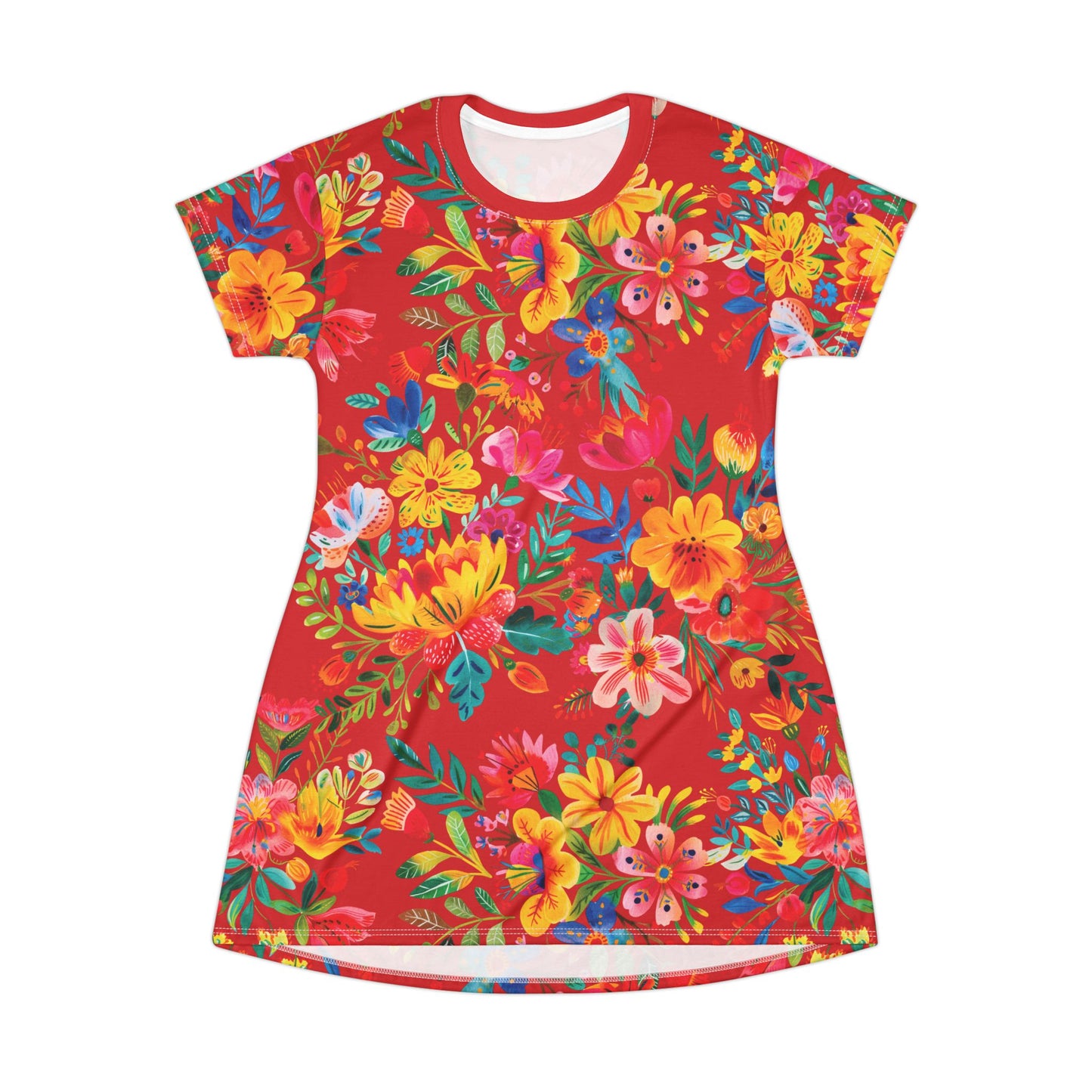 Bright Bold Watercolor Flowers - Scarlet - T-Shirt Dress