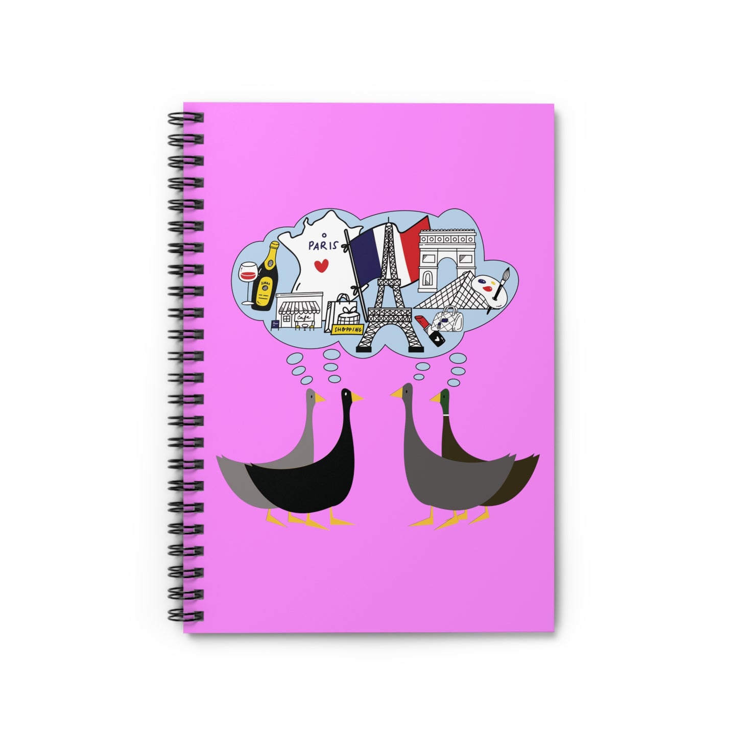 Ducks dreaming of Paris - Fuschia Pink ff8eff - Spiral Notebook - Ruled Line