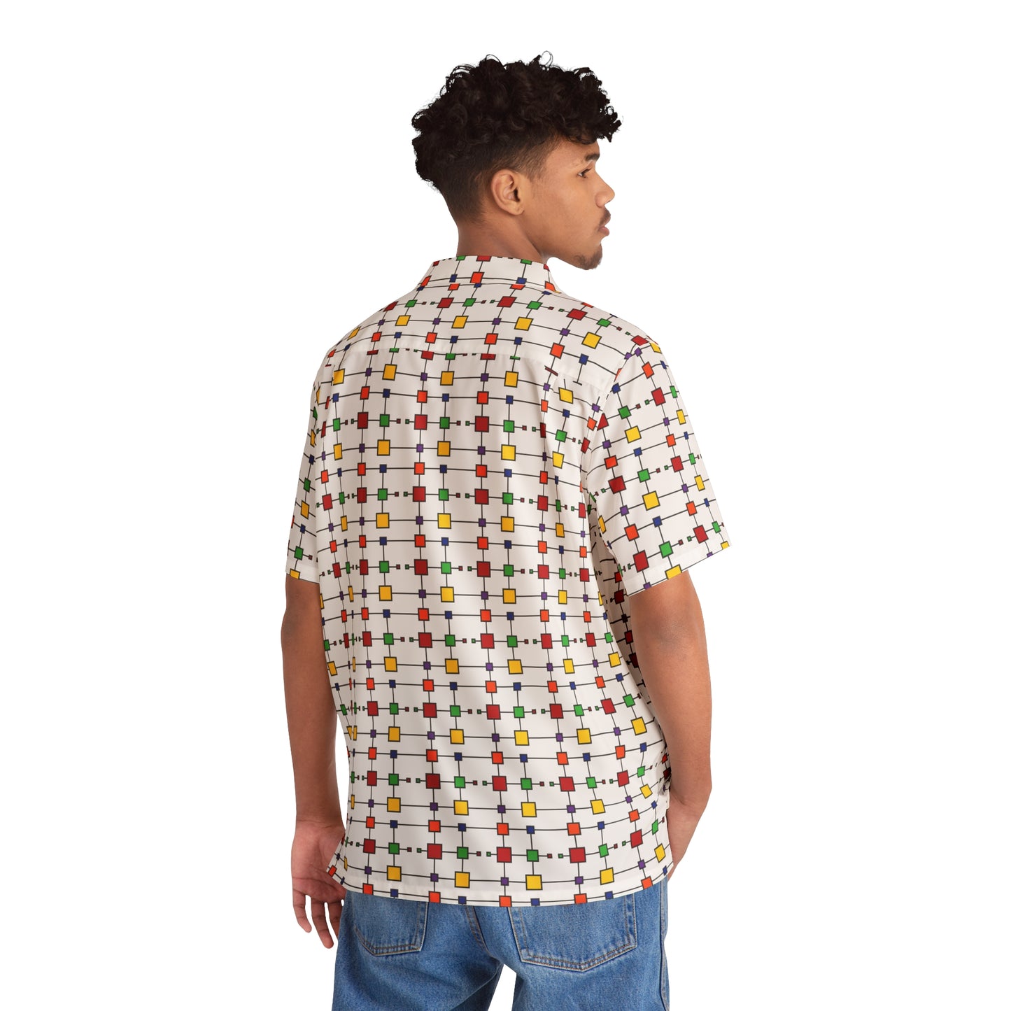 Geometric Black Grid with Squares - White ffffff - Men's Hawaiian Shirt (AOP)