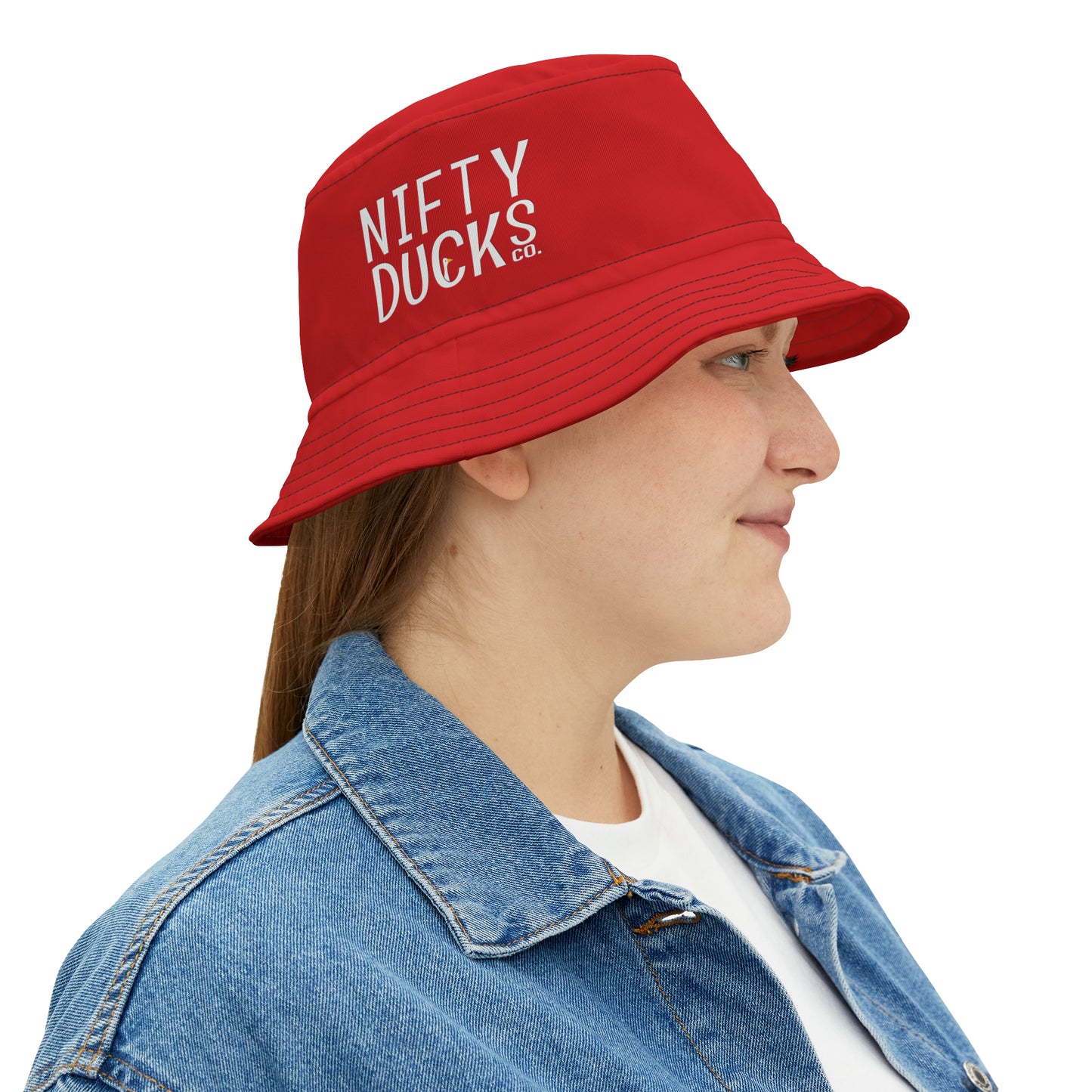 Nifty Ducks Co -  Logo - Scarlet de0000 - Bucket Hat (AOP)