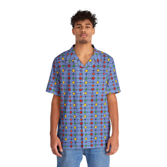 Geometric Black Grid with Squares - Fennel Flower 74a6ff - Men's Hawaiian Shirt (AOP)