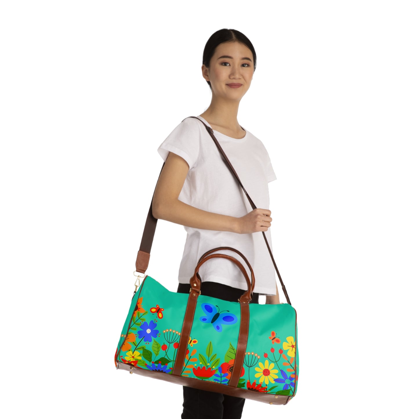 Bright Summer flowers - Turquoise 40e0d0 - Waterproof Travel Bag