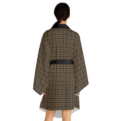 Intersecting Squares - Brown - Long Sleeve Kimono Robe (AOP)