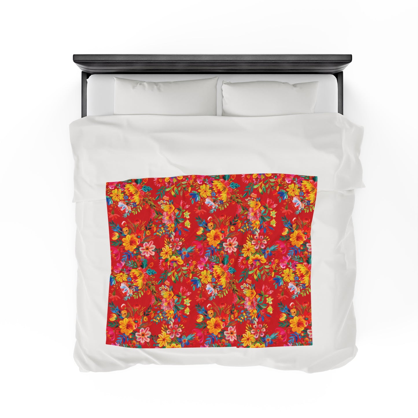 Velveteen Plush Blanket - Bright Bold Watercolor Flowers - Scarlet