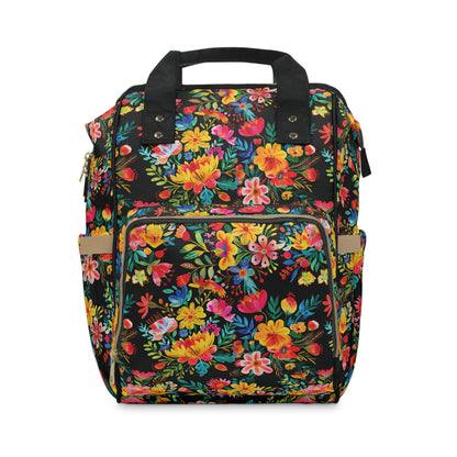 Bright Bold Watercolor Flowers - Black 000000  - Multifunctional Diaper Backpack