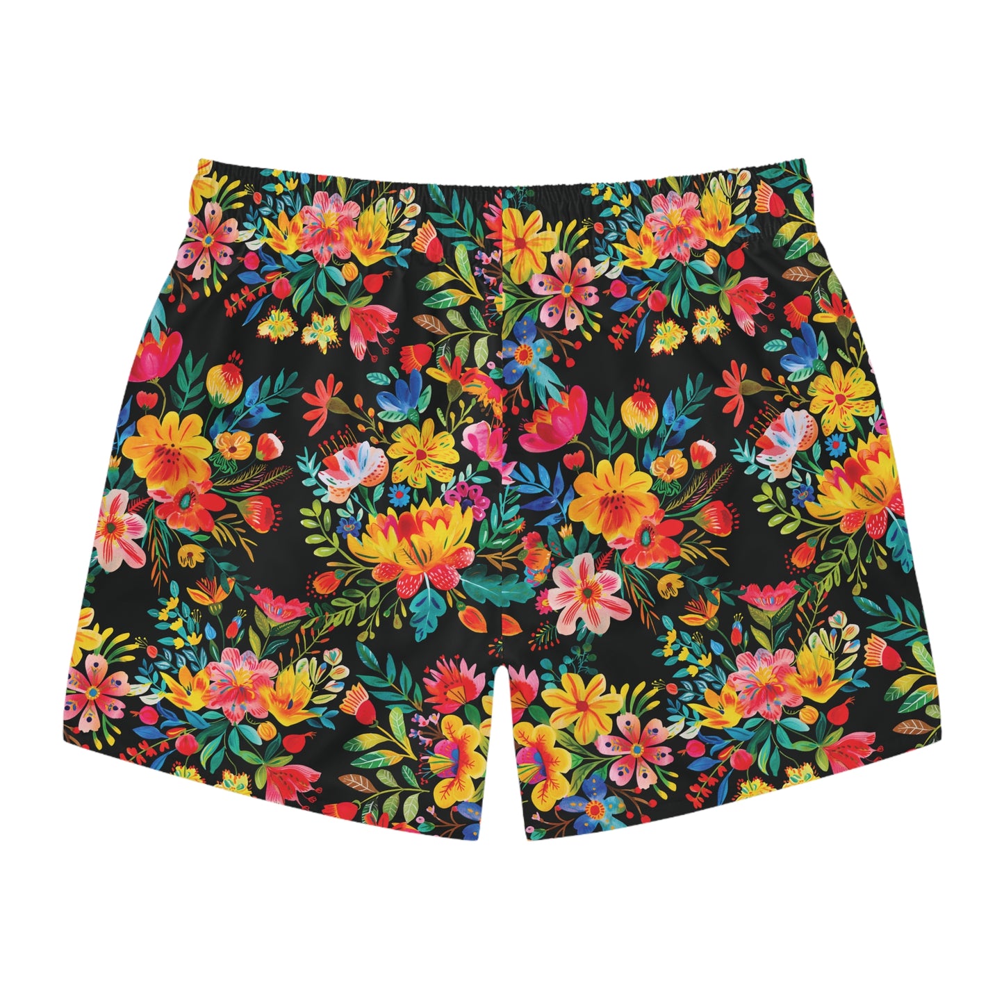 Bright Bold Watercolor Flowers - Black 000000 - Swim Trunks