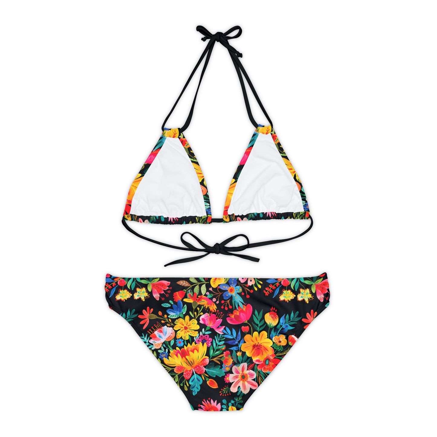 Bright Bold Watercolor Flowers - Black 000000 - Strappy Bikini Set