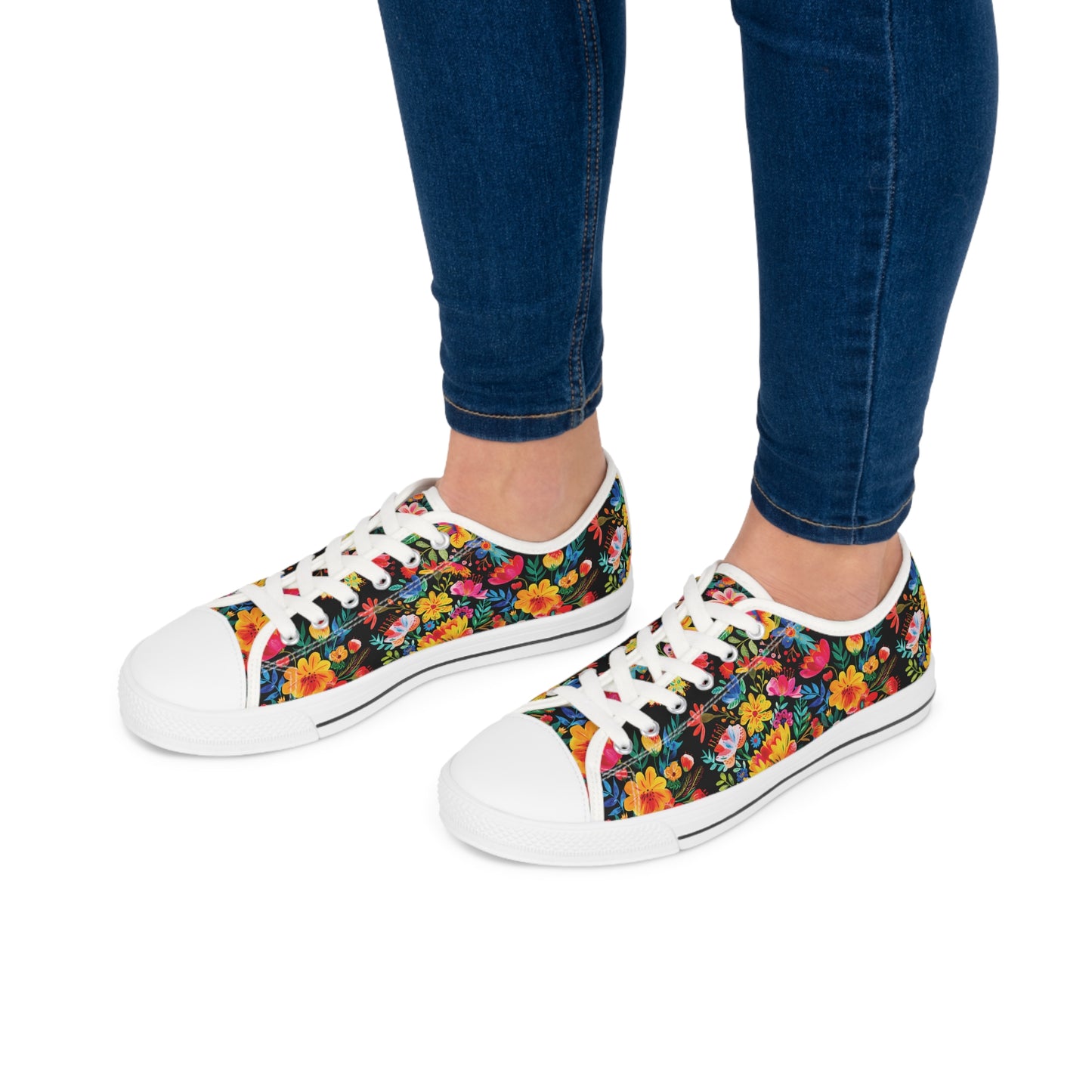 Bright Bold Watercolor Flowers - Black 000000 - Women's Low Top Sneakers