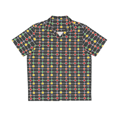 Geometric White Grid with Squares - Black 000000 - Men's Hawaiian Shirt (AOP)