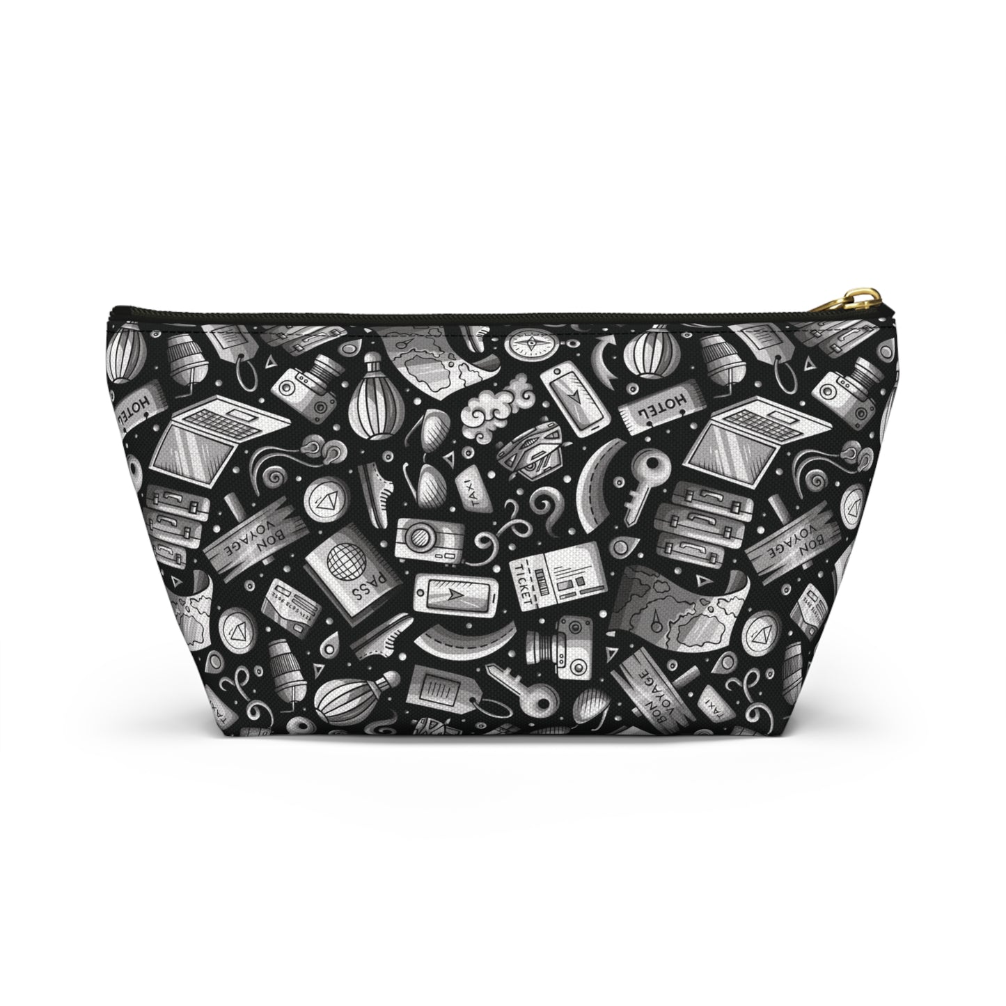 Travel Vibes - Gray on Black 000000 - Accessory Pouch w T-bottom