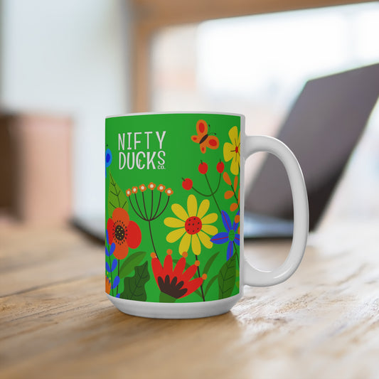 Bright Summer flowers - Lime Green 21C12E - Mug 15oz