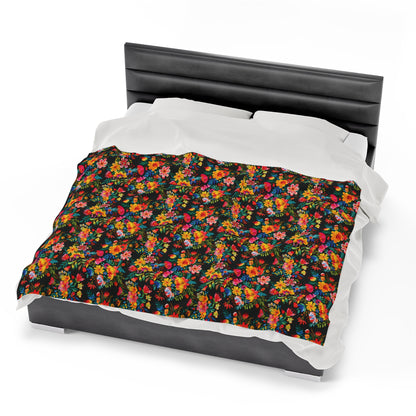 Bright Bold Watercolor Flowers - Black 000000 - Velveteen Plush Blanket