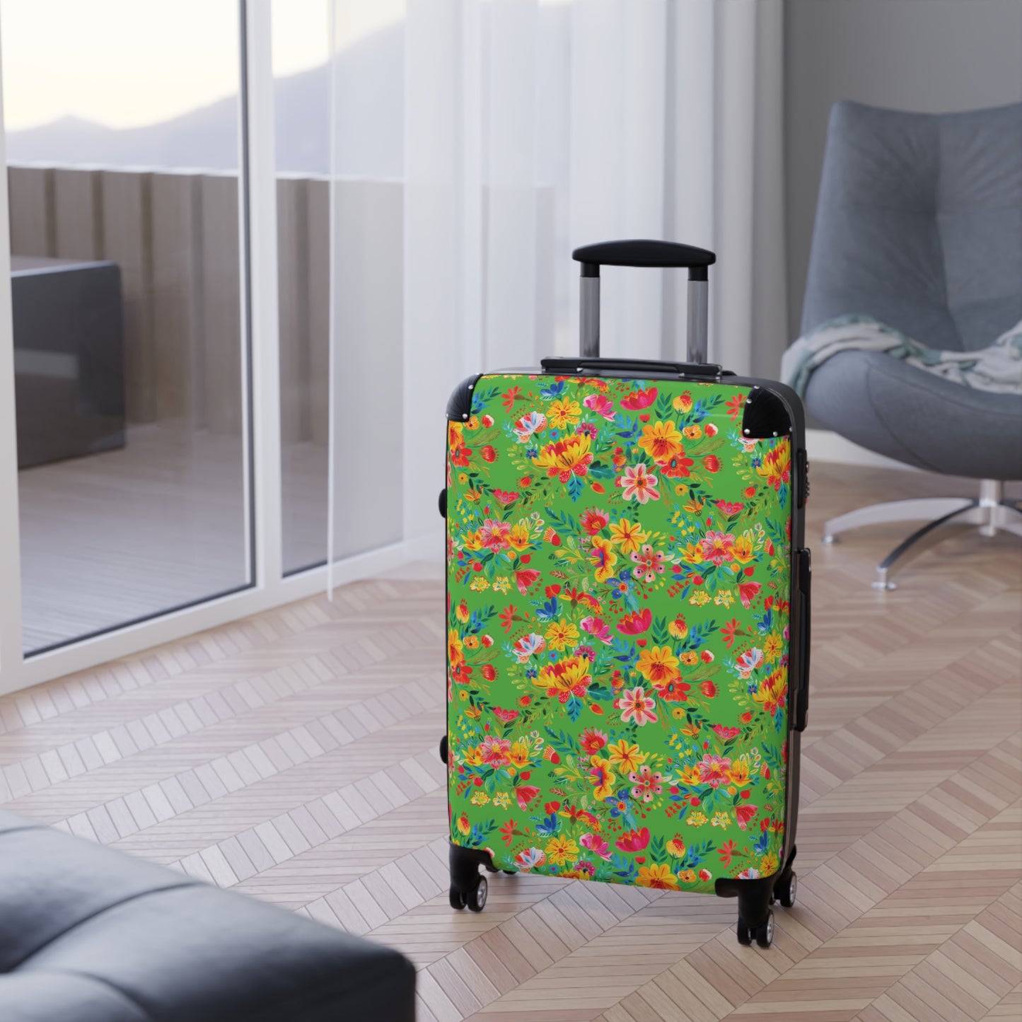 Bright Bold Watercolor Flowers - Bright Apple Green 56BD00 - Suitcase