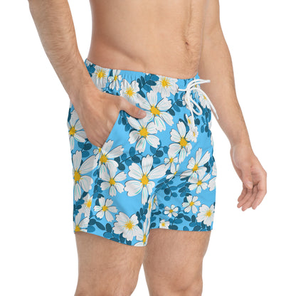 White Flowers on Blue - Swim Trunks