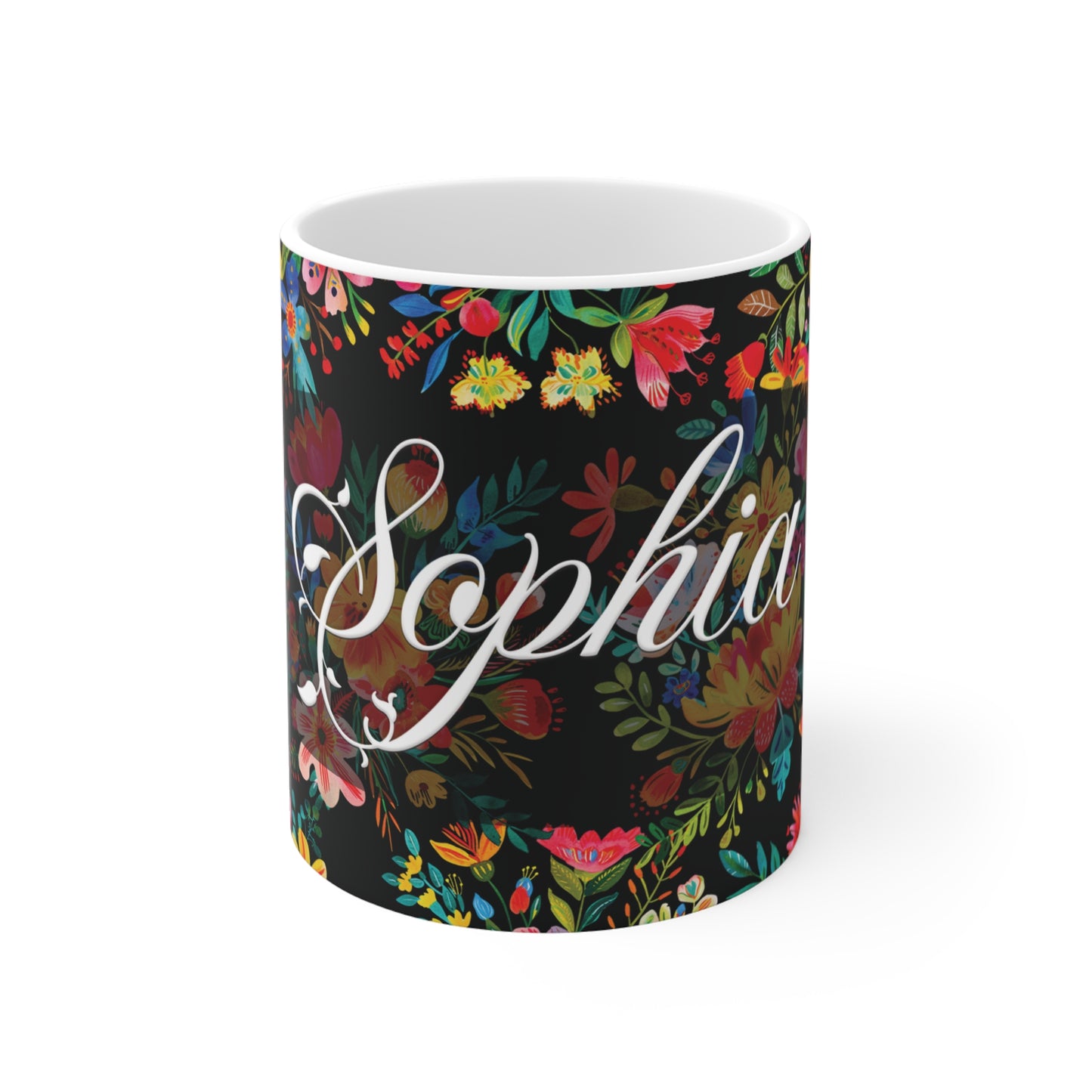 Sophia - Bright Bold Watercolor Flowers - Black 000000 - Mug 11oz