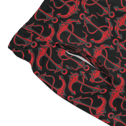 Anchors Away - Red - Black 000000 - Swim Trunks