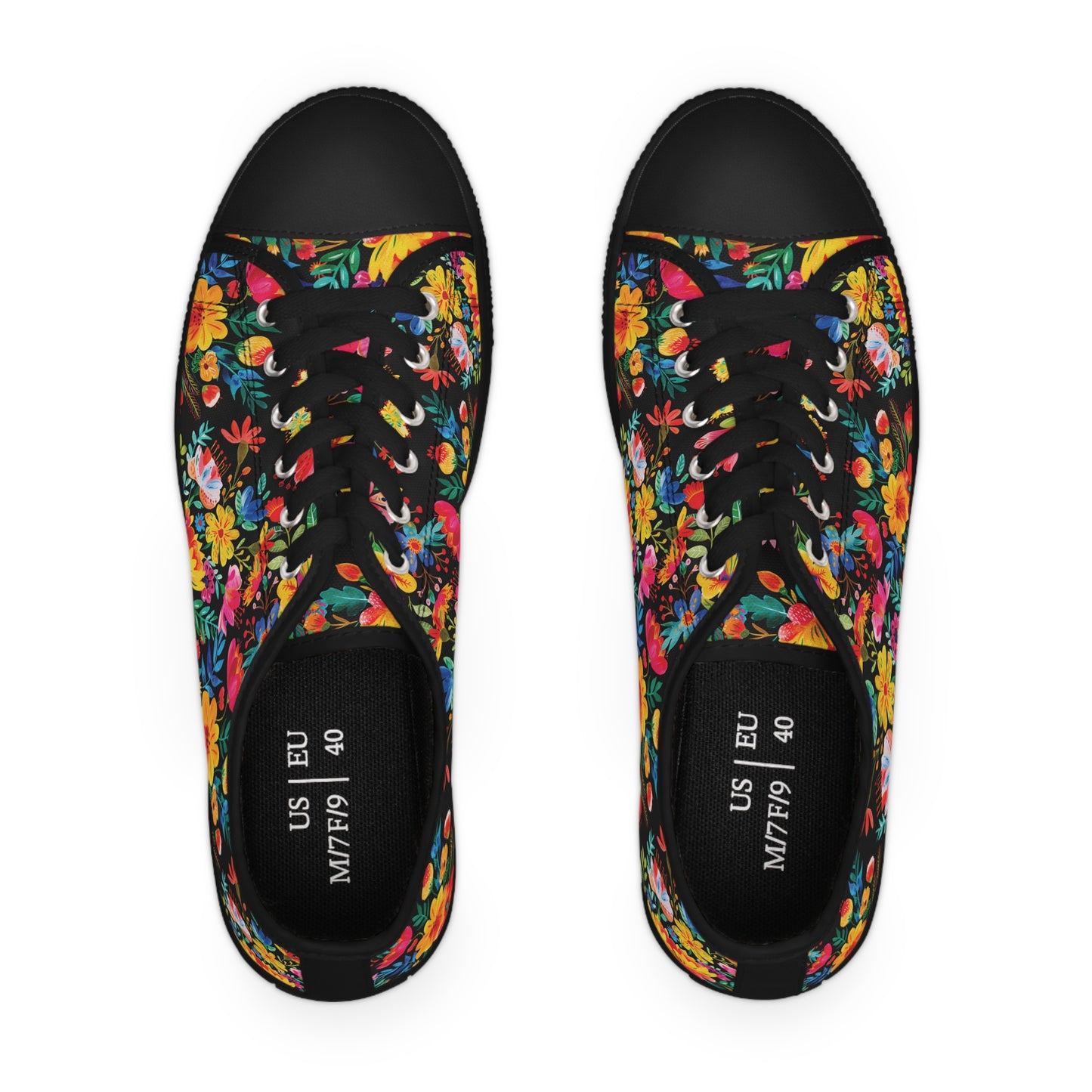 Bright Bold Watercolor Flowers - Black 000000 - Women's Low Top Sneakers