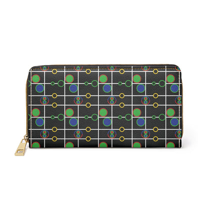 Geometric White Grid with Circles - Black 000000 - Zipper Wallet