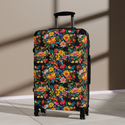 Bright Bold Watercolor Flowers - Black 000000 - Suitcase