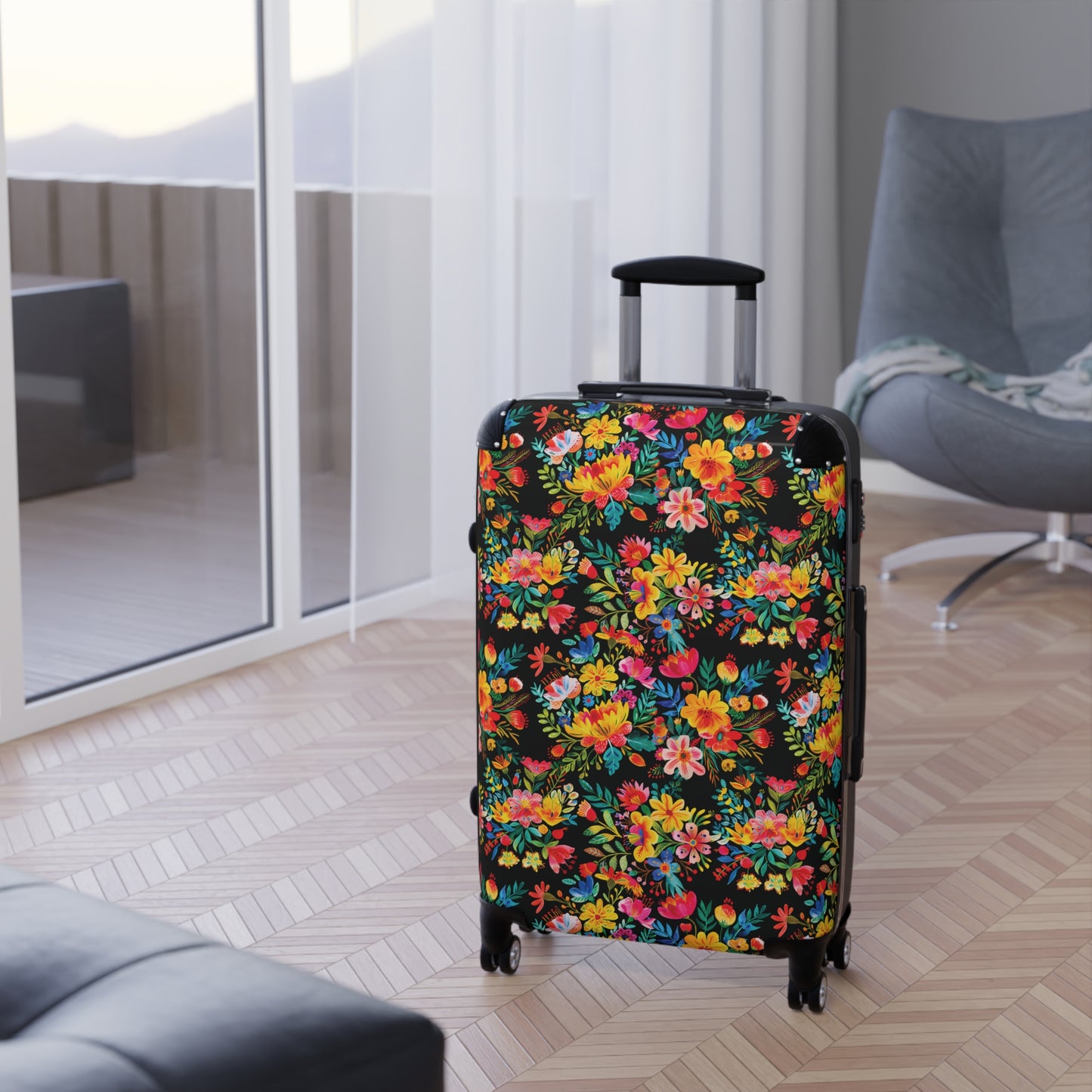 Bright Bold Watercolor Flowers - Black 000000 - Suitcase