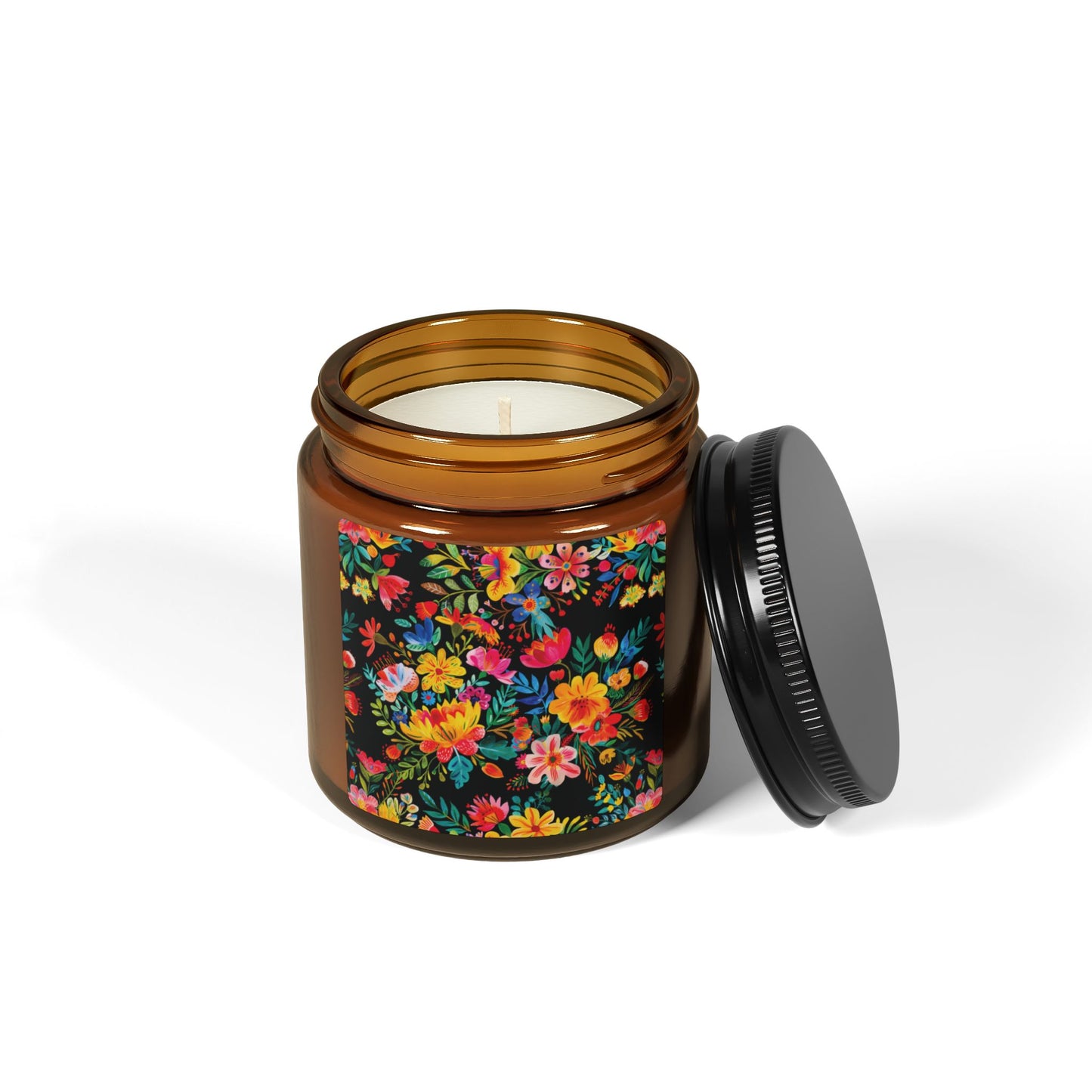 Bright Bold Watercolor Flowers - Black 000000 - Scented Soy Candle