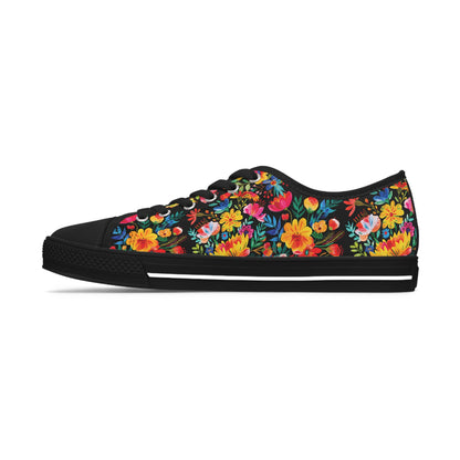 Bright Bold Watercolor Flowers - Black 000000 - Women's Low Top Sneakers