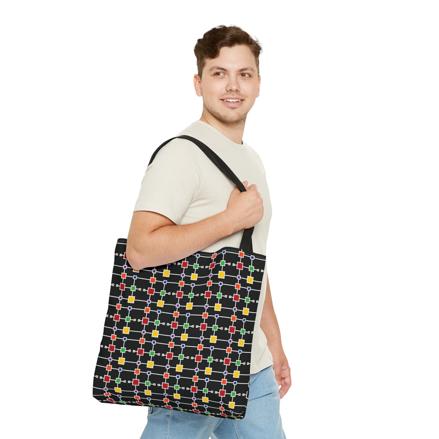 Geometric White Grid with Squares - Black 000000 - Tote Bag