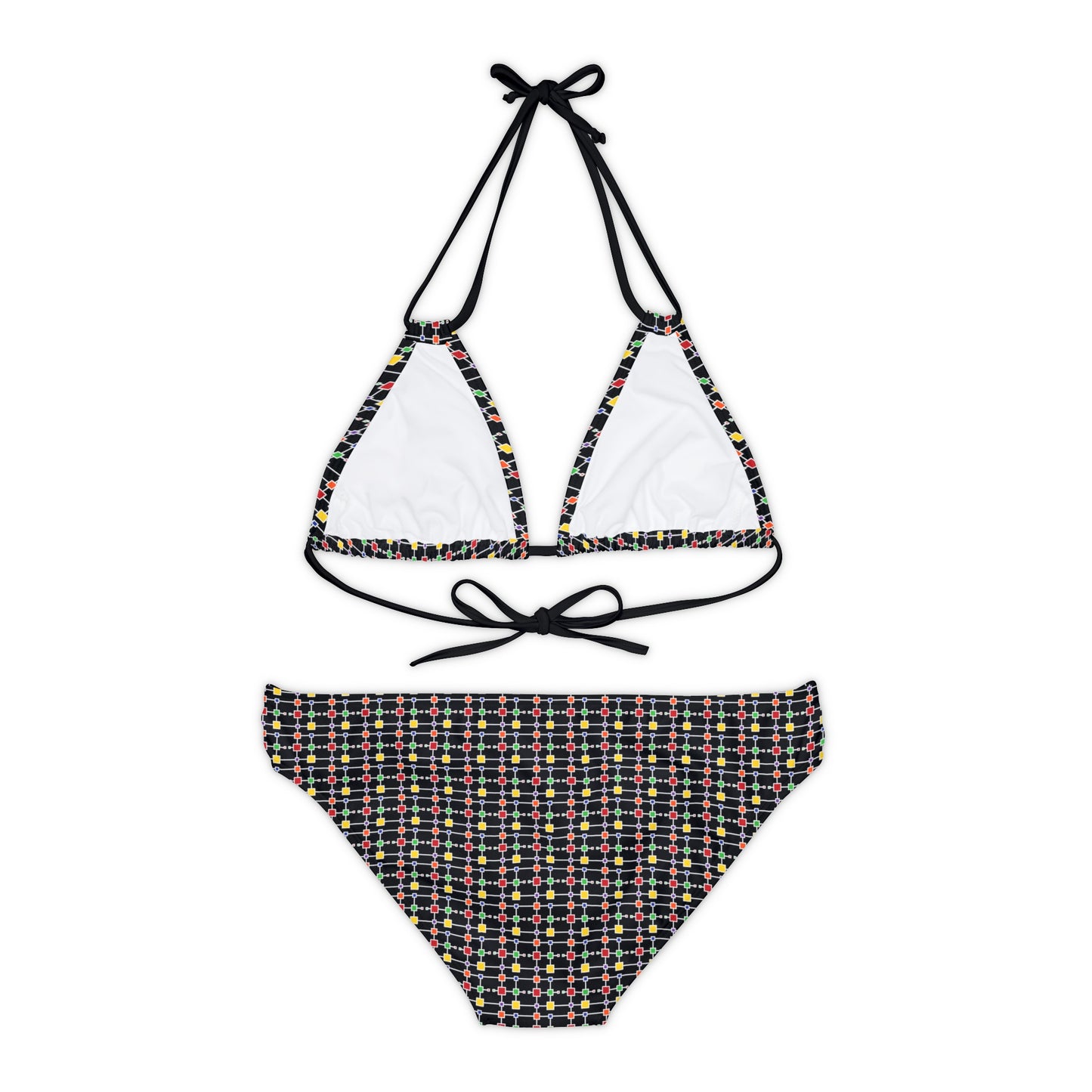 Geometric White Grid with Squares - Black 000000 - Strappy Bikini Set