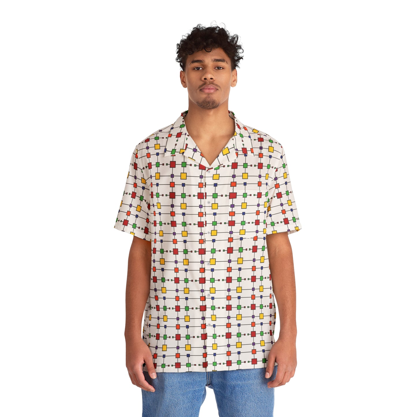 Geometric Black Grid with Squares - White ffffff - Men's Hawaiian Shirt (AOP)